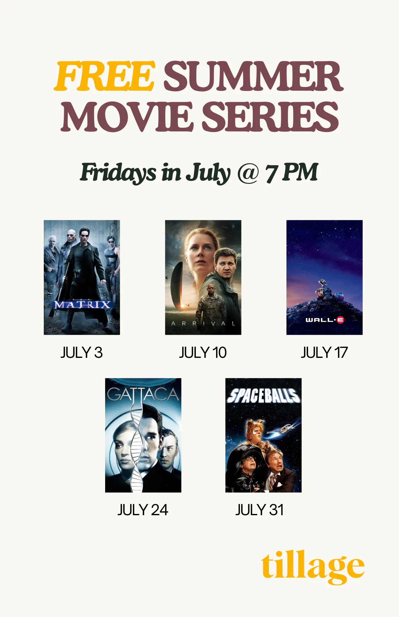 FREE SUMMER MOVIE SERIES @ TILLAGE