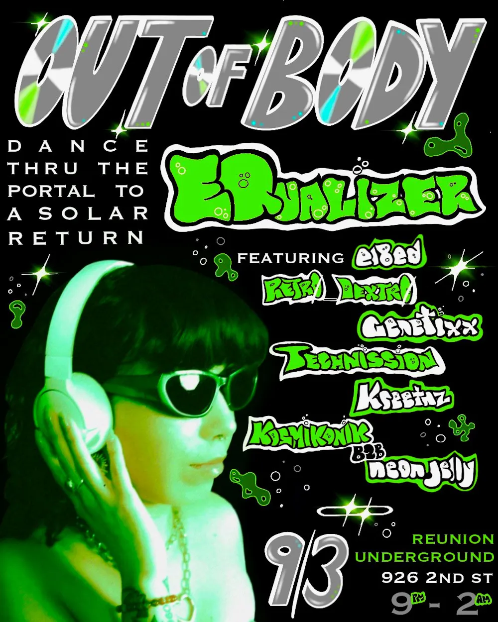 Out of Body: el8ed, Retr0 Dextr0, Genetixx, Technission, Kreetnz, Kosmikonik, Neon Jelly, EQualizer event image