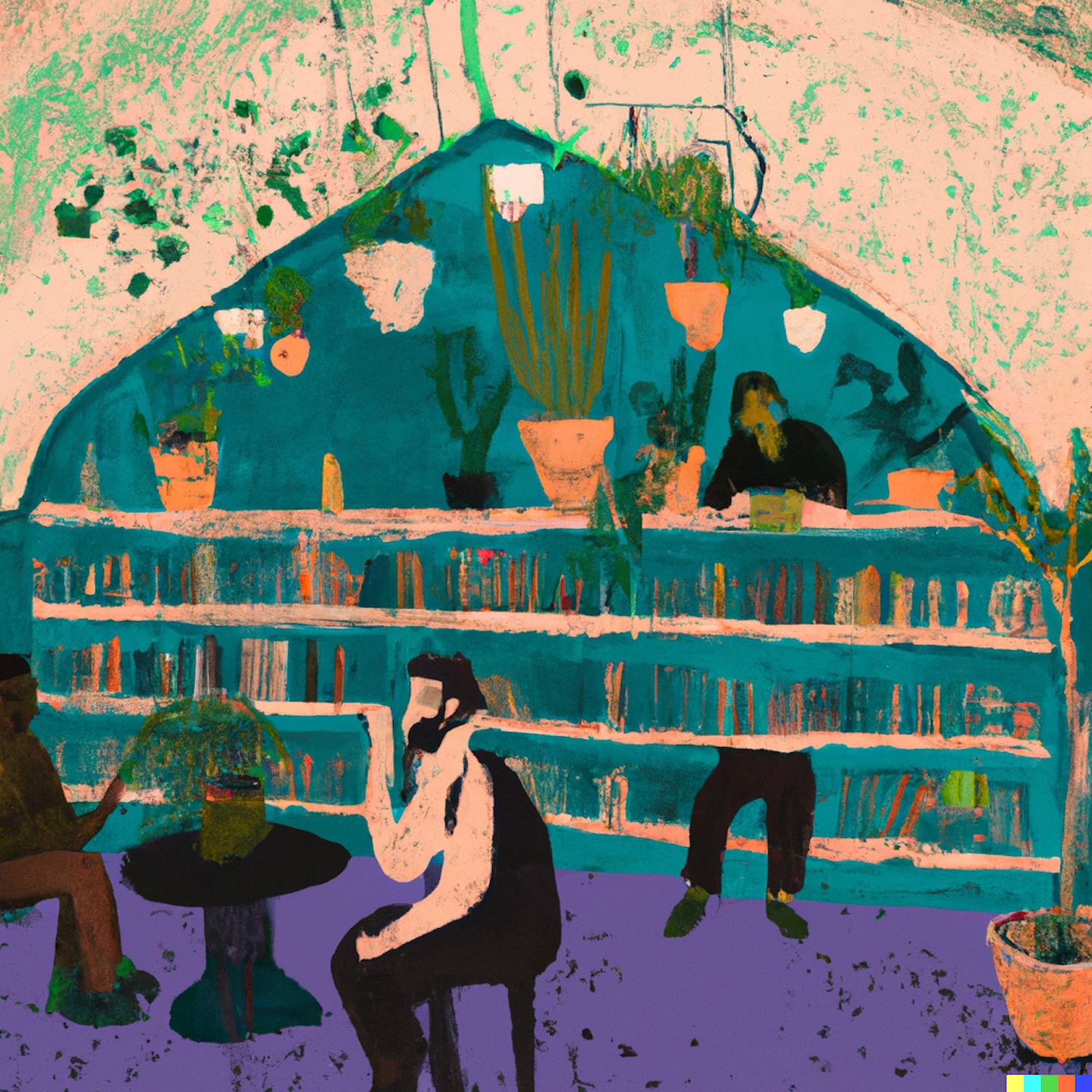 DALL·E 2022-10-14 20.10.58 - a utopian cozy library with plants and people having conversation solarpunk.png