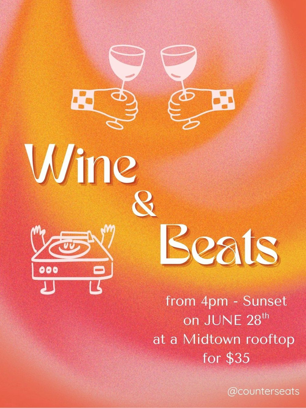 Hi 57 fam, 

You’ve heard of wine and jazz, or wine and classical music, but have you tried our wine and EDM pairing? 

Join us for our rooftop summer party, with overflowing wines and a sunset set from our resident DJ. 

We bring the wines, you bring the good vibes. 

RSVP here: https://partiful.com/e/bwcSKotRb8vOVcdeqMSp

Follow us @counterseats for more events and  wine/ food content. 
